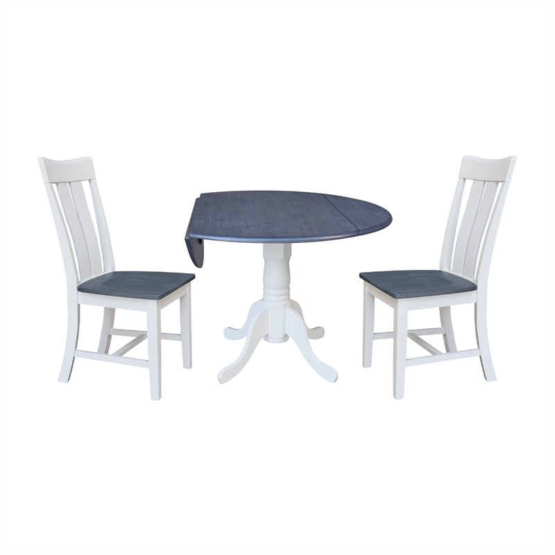 42 in. Drop Leaf Wood Dining Table with 2 Slat Back Chairs in White/Heather Gray
