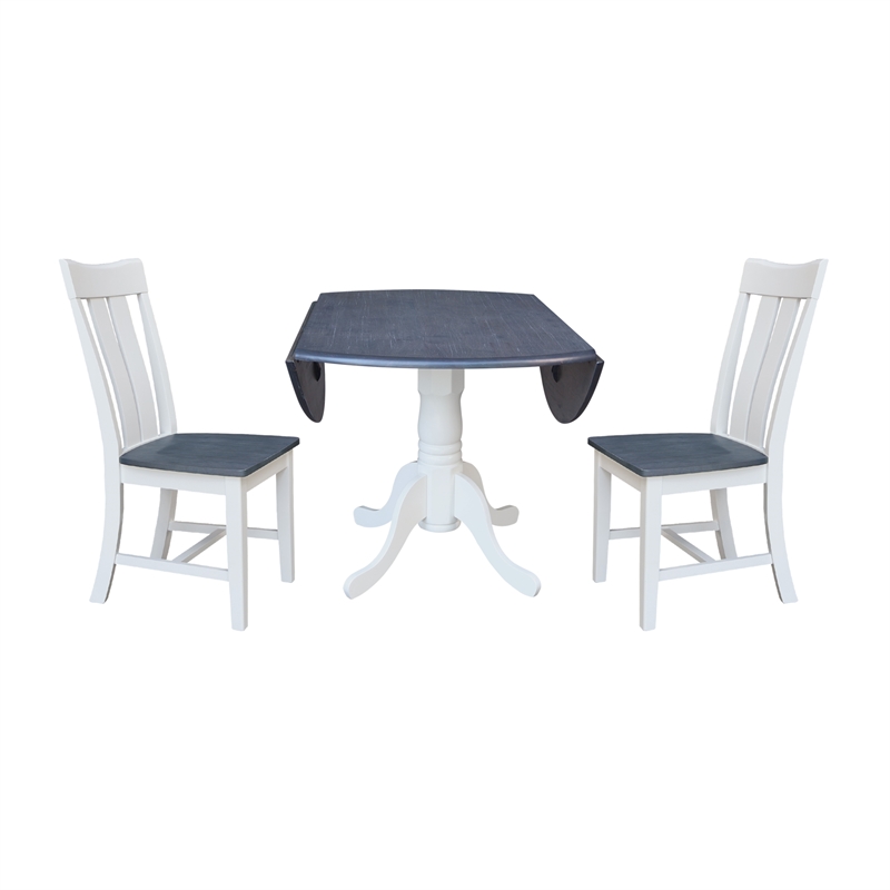 42 in. Drop Leaf Wood Dining Table with 2 Slat Back Chairs in White/Heather Gray