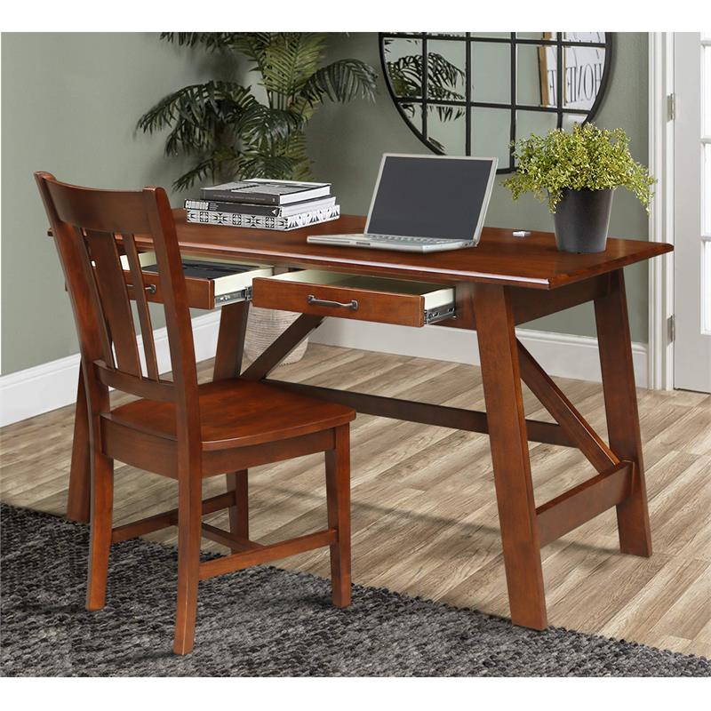 International Concepts Serendipity Espresso Wood Desk with 2 Drawers and Chair
