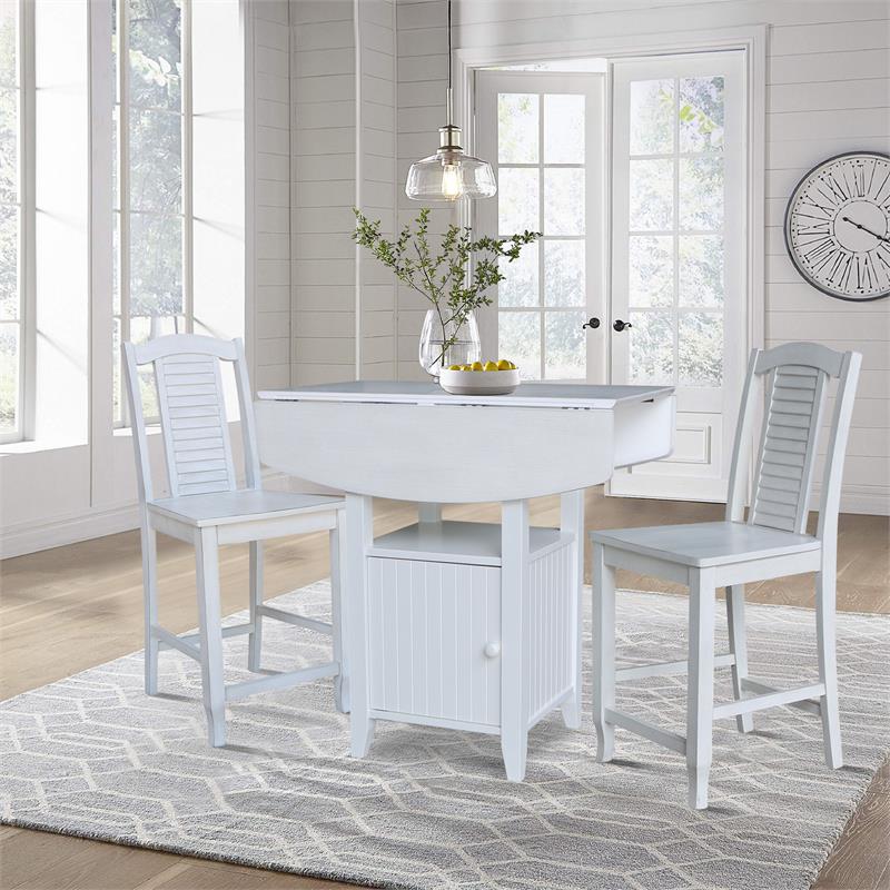 Dual Drop Leaf Wood Bistro Table With Storage and 2 Counter Stools