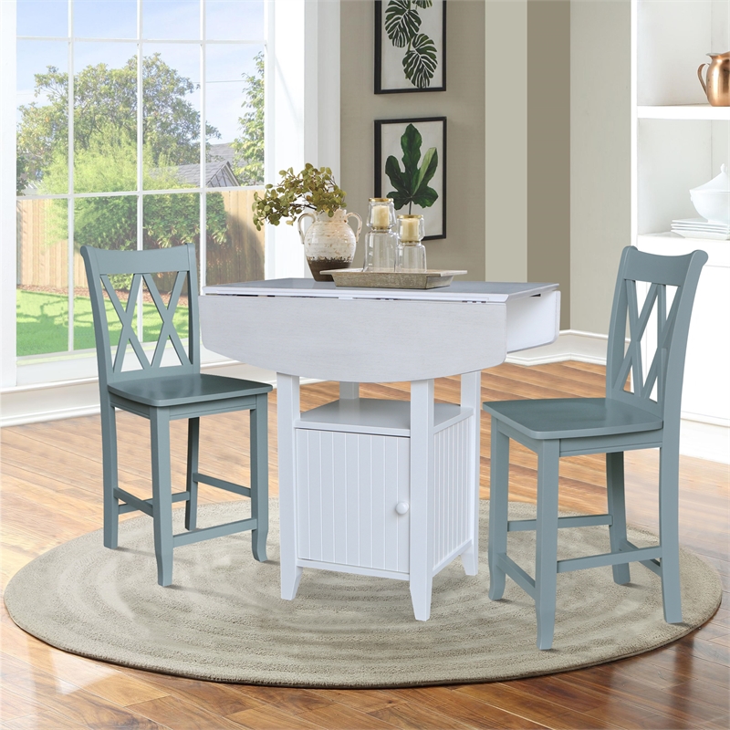 Dual Drop Leaf Wood Bistro Table with Storage and 2 Counter Stools
