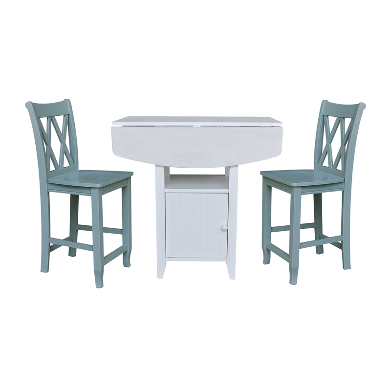 Dual Drop Leaf Wood Bistro Table with Storage and 2 Counter Stools