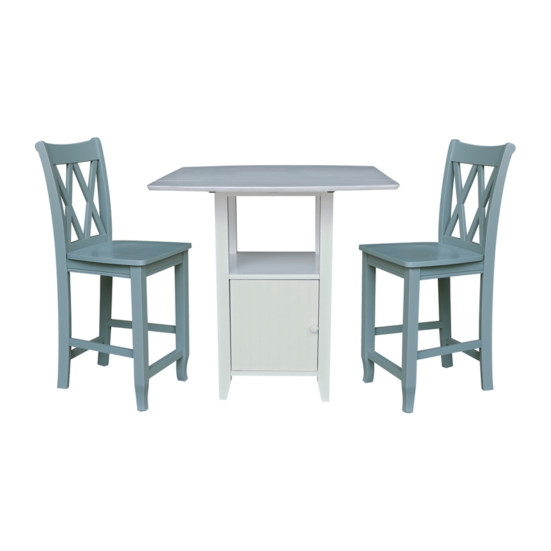 Dual Drop Leaf Wood Bistro Table with Storage and 2 Counter Stools