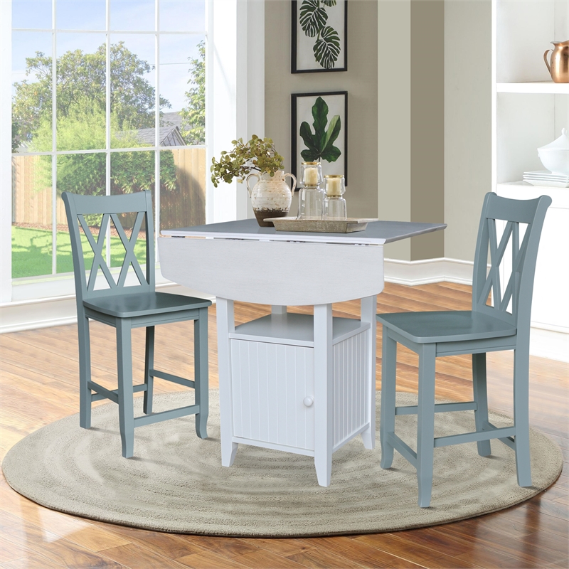 Dual Drop Leaf Wood Bistro Table with Storage and 2 Counter Stools