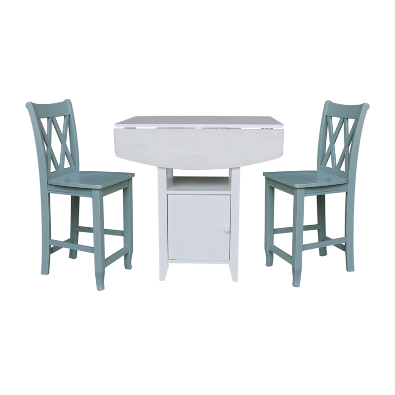 Dual Drop Leaf Wood Bistro Table with Storage and 2 Counter Stools