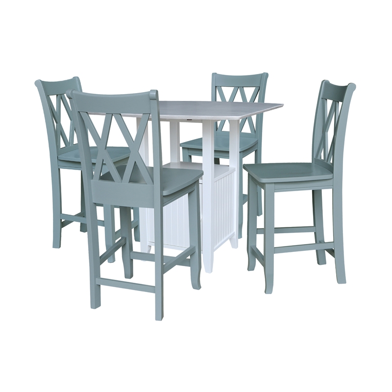 Dual Drop Leaf Wood Bistro Table with Storage and 4 Counter Stools