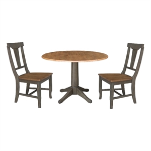 Wood 42 in. Round Drop Leaf Dining Table with 2 Chairs in Hickory/Washed Coal