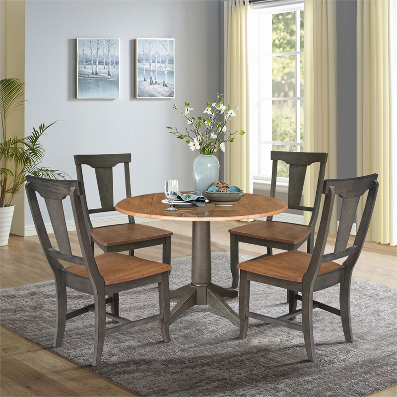 Wood 42 in. Round Drop Leaf Dining Table with 4 Chairs in Hickory/Washed Coal