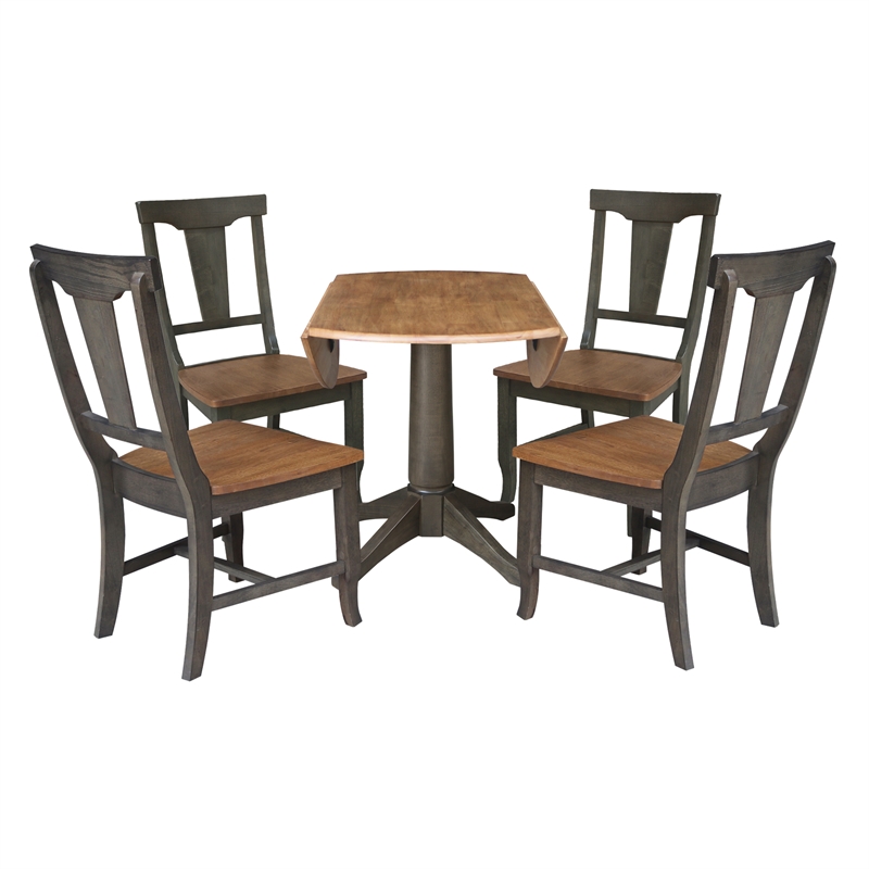 Wood 42 in. Round Drop Leaf Dining Table with 4 Chairs in Hickory/Washed Coal