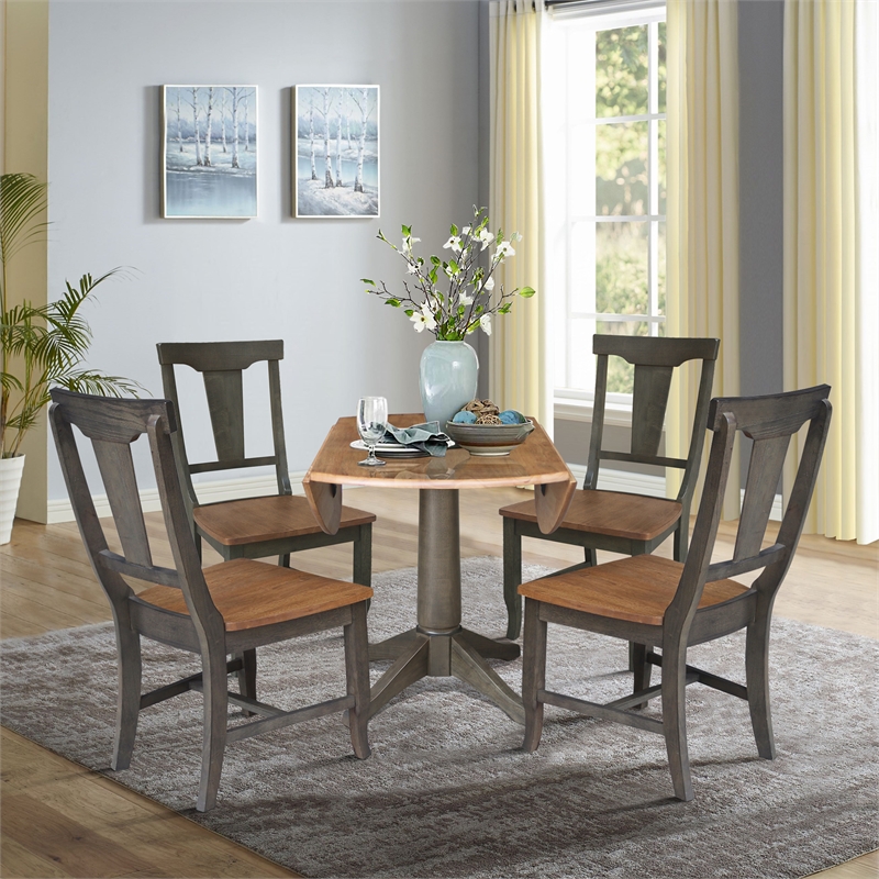 Wood 42 in. Round Drop Leaf Dining Table with 4 Chairs in Hickory/Washed Coal