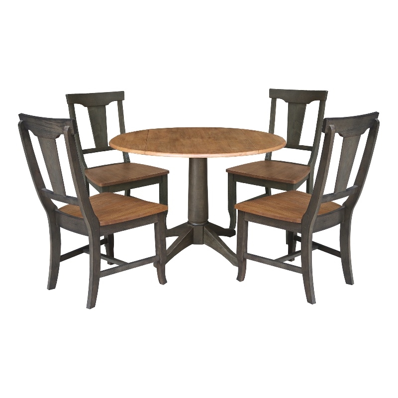 Wood 42 in. Round Drop Leaf Dining Table with 4 Chairs in Hickory/Washed Coal