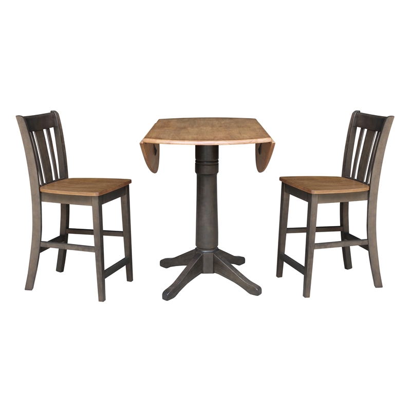 42 in Round Drop Leaf Counter Height Table with 2 Stools in Hickory/Washed Coal