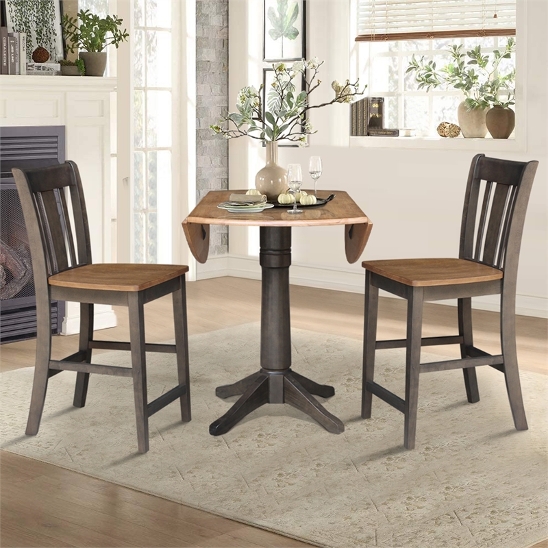 42 in Round Drop Leaf Counter Height Table with 2 Stools in Hickory/Washed Coal