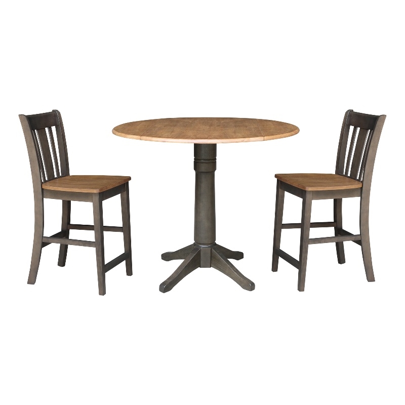 42 in Round Drop Leaf Counter Height Table with 2 Stools in Hickory/Washed Coal