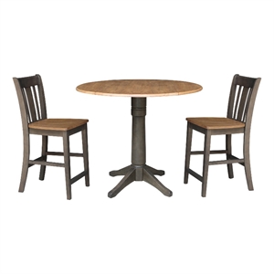 42 in Round Drop Leaf Counter Height Table with 2 Stools in Hickory/Washed Coal
