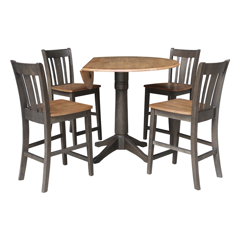 42 in Round Drop Leaf Counter Height Table with 4 Stools in Hickory/Washed Coal