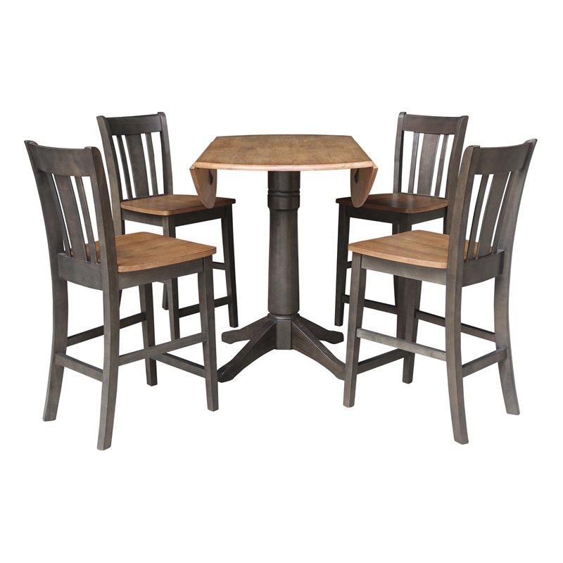42 in Round Drop Leaf Counter Height Table with 4 Stools in Hickory/Washed Coal