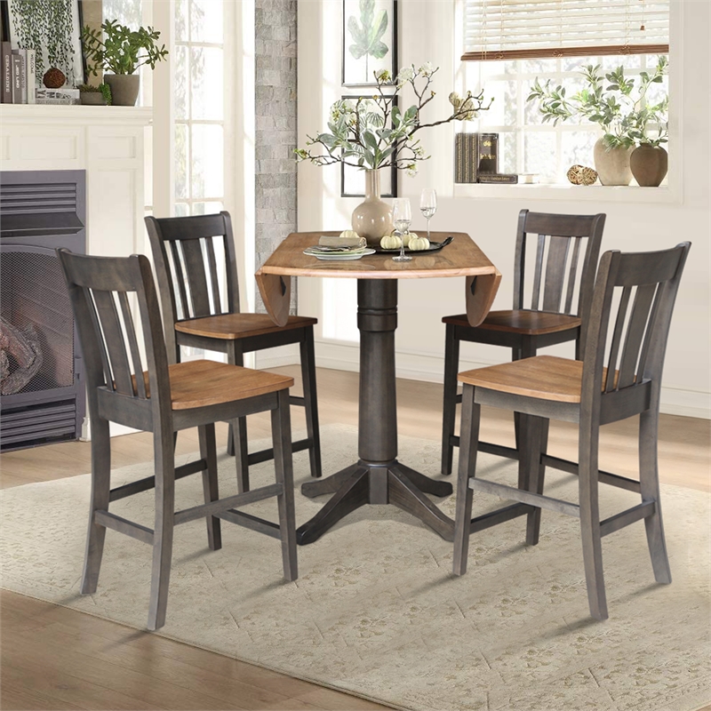 42 in Round Drop Leaf Counter Height Table with 4 Stools in Hickory/Washed Coal