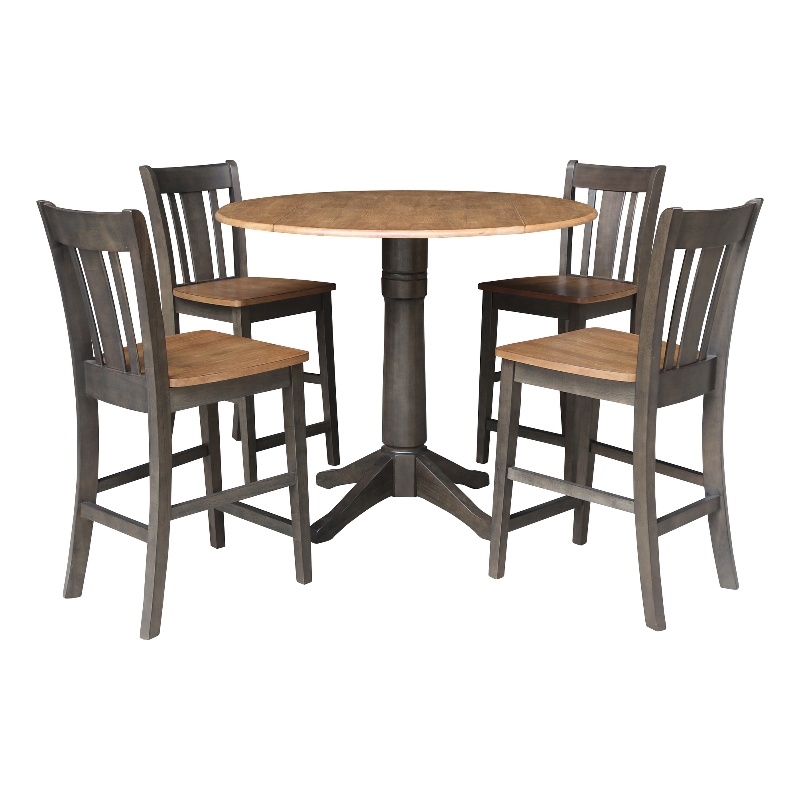 42 in Round Drop Leaf Counter Height Table with 4 Stools in Hickory/Washed Coal