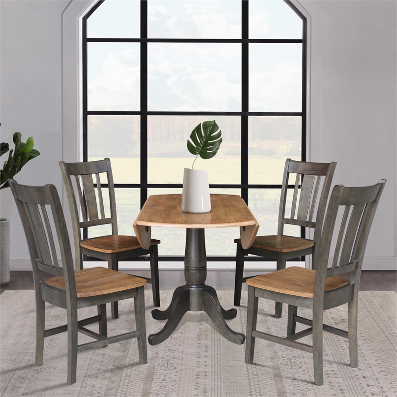Wood 42 in. Round Drop Leaf Dining Table with 4 Chairs in Hickory/Washed Coal