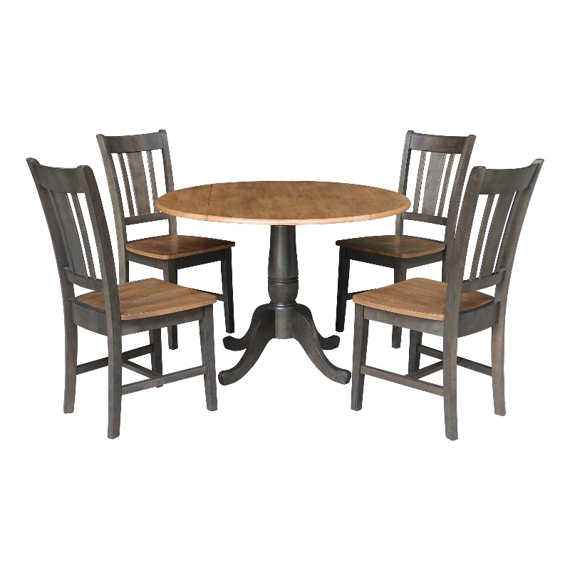 Wood 42 in. Round Drop Leaf Dining Table with 4 Chairs in Hickory/Washed Coal