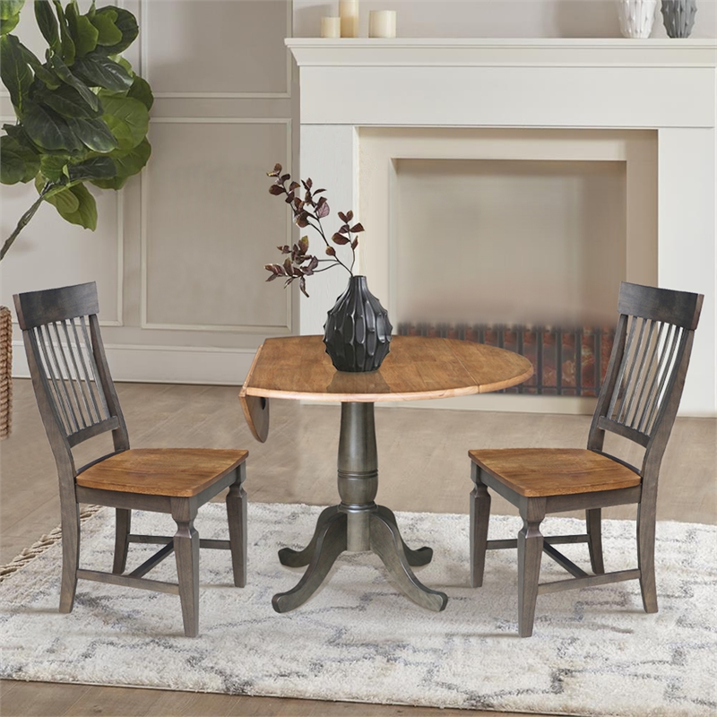 Wood 42 in. Round Drop Leaf Dining Table with 2 Chairs in Hickory/Washed Coal