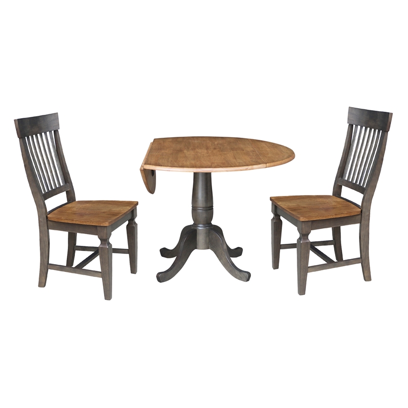 Wood 42 in. Round Drop Leaf Dining Table with 2 Chairs in Hickory/Washed Coal