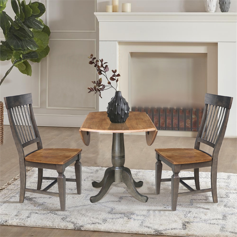 Wood 42 in. Round Drop Leaf Dining Table with 2 Chairs in Hickory/Washed Coal