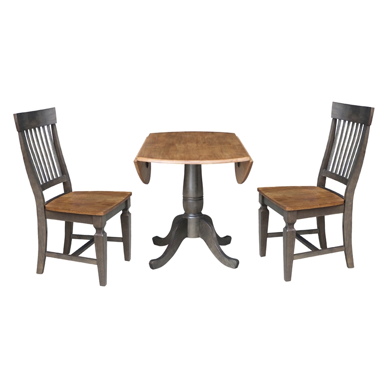 Wood 42 in. Round Drop Leaf Dining Table with 2 Chairs in Hickory/Washed Coal