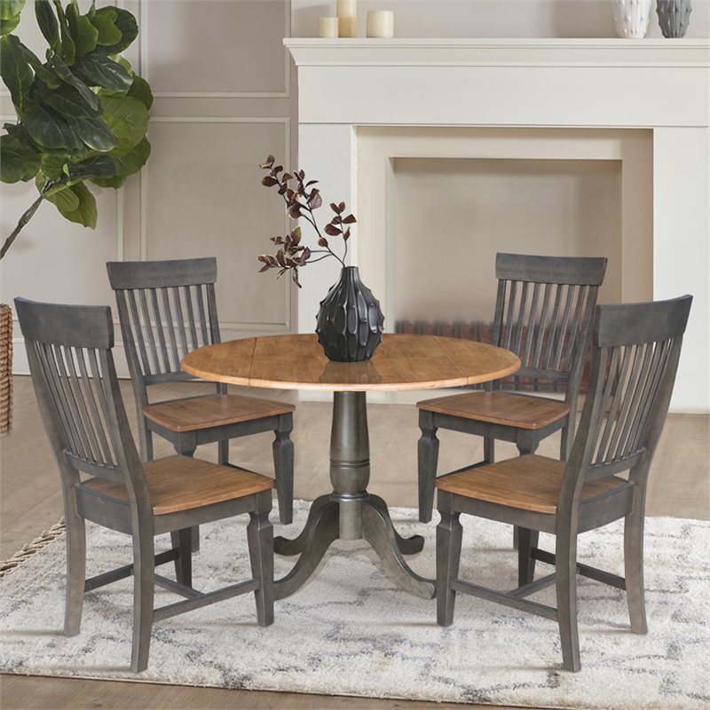 Wood 42 in. Round Drop Leaf Dining Table with 4 Chairs in Hickory/Washed Coal