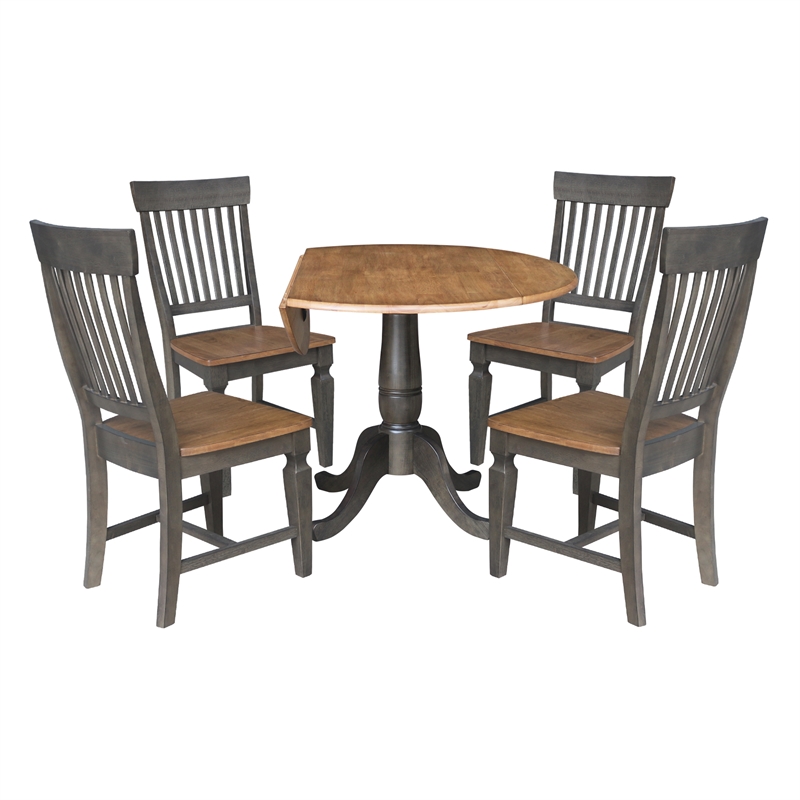 Wood 42 in. Round Drop Leaf Dining Table with 4 Chairs in Hickory/Washed Coal