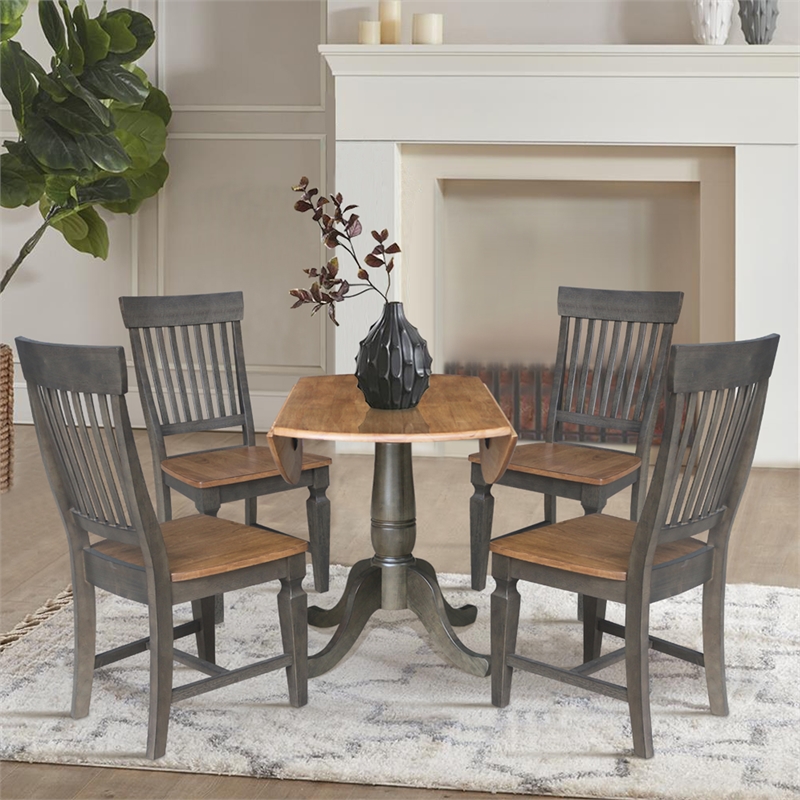 Wood 42 in. Round Drop Leaf Dining Table with 4 Chairs in Hickory/Washed Coal
