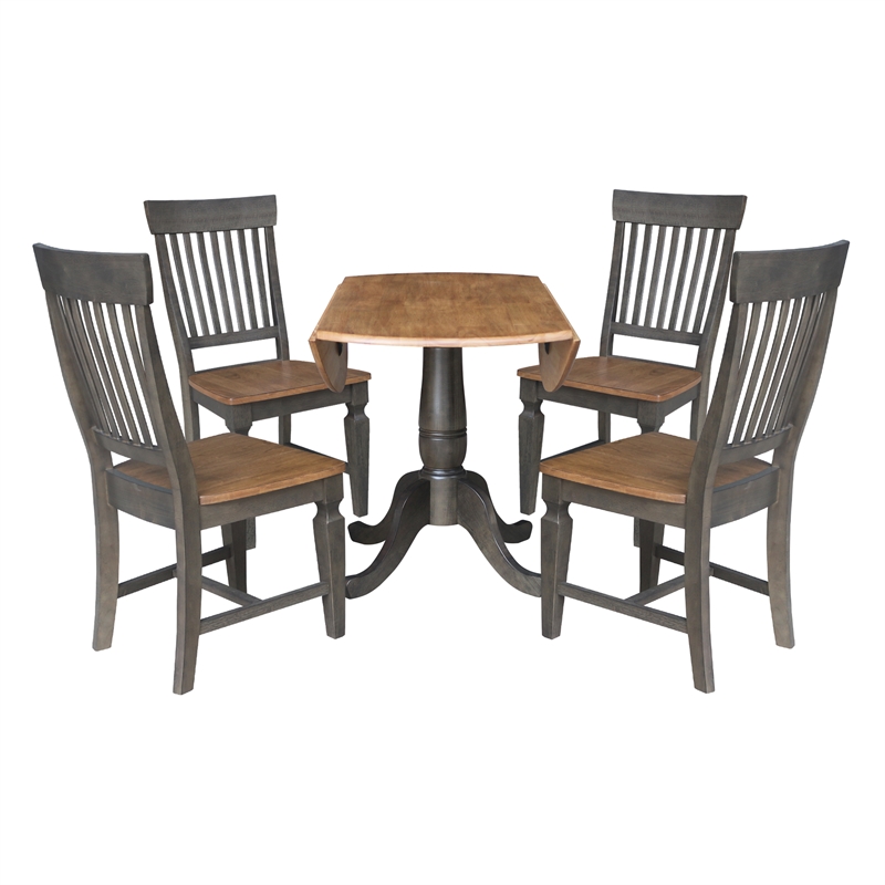 Wood 42 in. Round Drop Leaf Dining Table with 4 Chairs in Hickory/Washed Coal