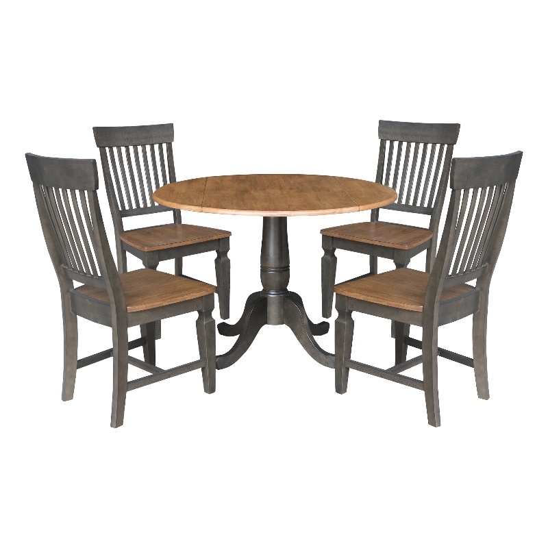 Wood 42 in. Round Drop Leaf Dining Table with 4 Chairs in Hickory/Washed Coal