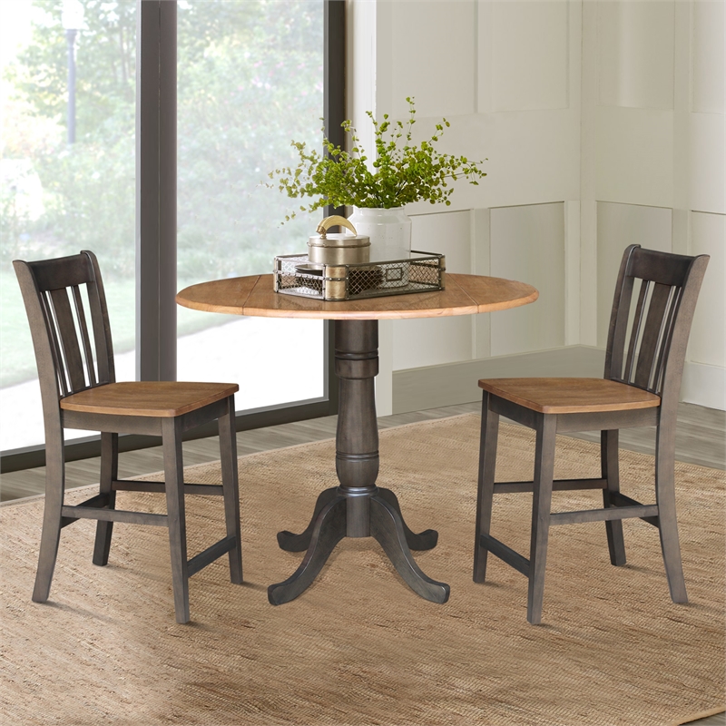 42 in Round Drop Leaf Counter Height Table with 2 Stools in Hickory/Washed Coal