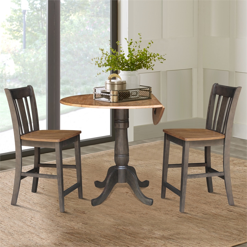 42 in Round Drop Leaf Counter Height Table with 2 Stools in Hickory/Washed Coal