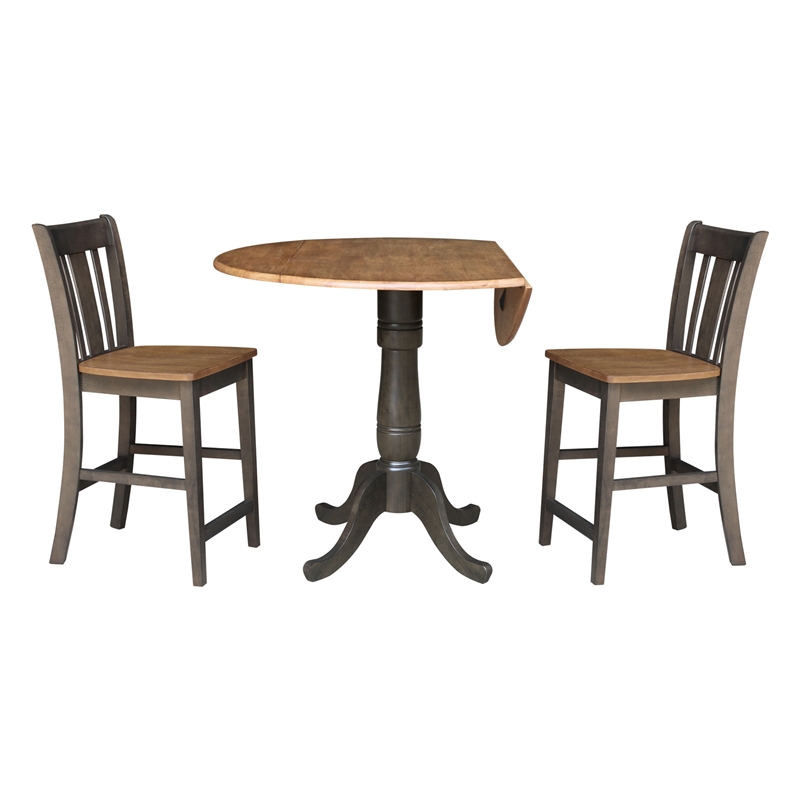 42 in Round Drop Leaf Counter Height Table with 2 Stools in Hickory/Washed Coal