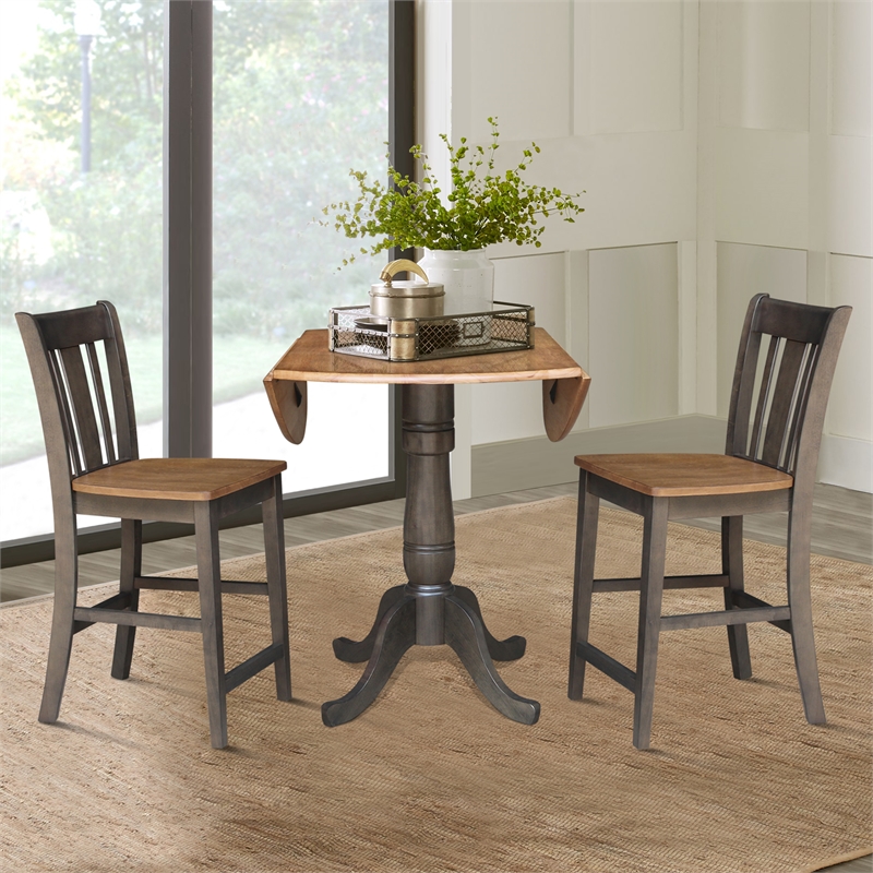 42 in Round Drop Leaf Counter Height Table with 2 Stools in Hickory/Washed Coal