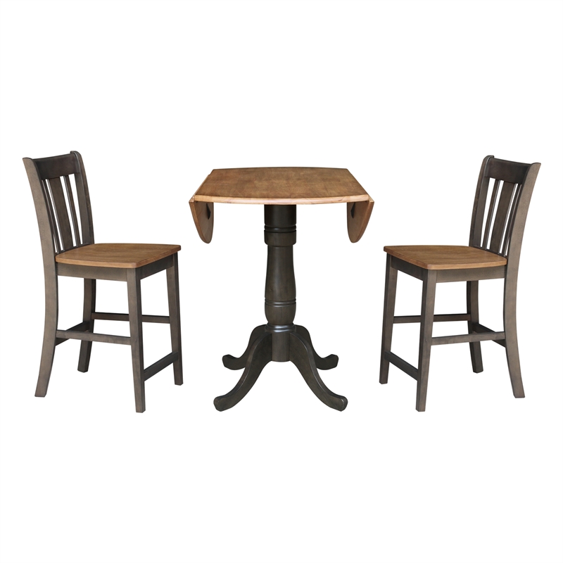 42 in Round Drop Leaf Counter Height Table with 2 Stools in Hickory/Washed Coal