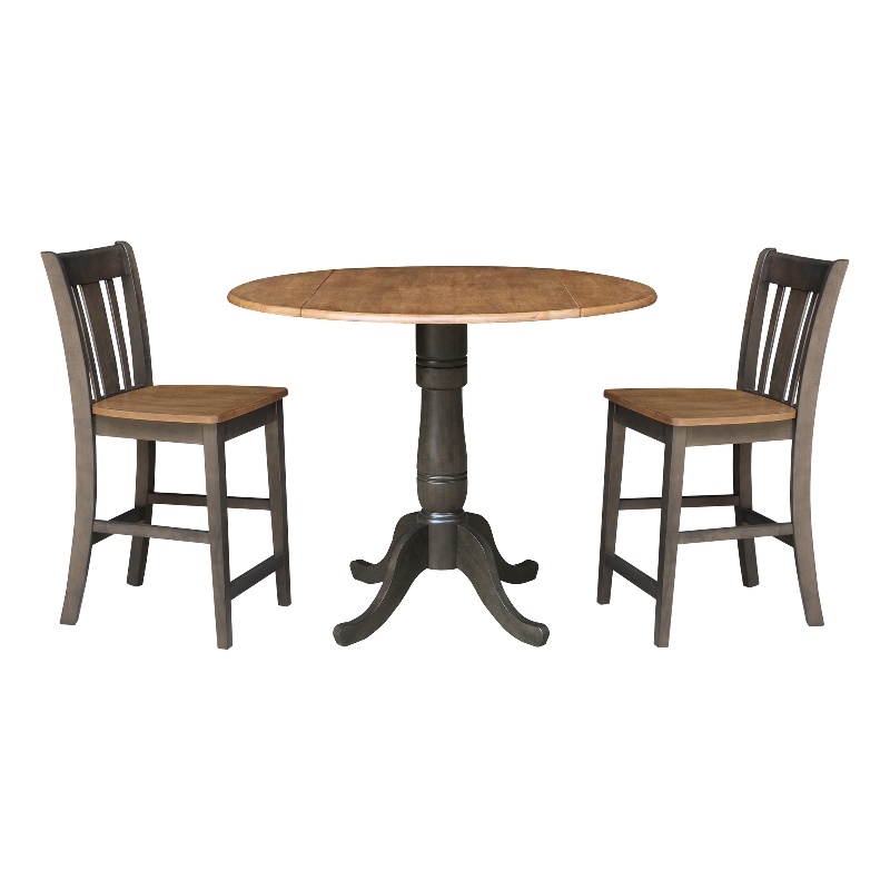 42 in Round Drop Leaf Counter Height Table with 2 Stools in Hickory/Washed Coal