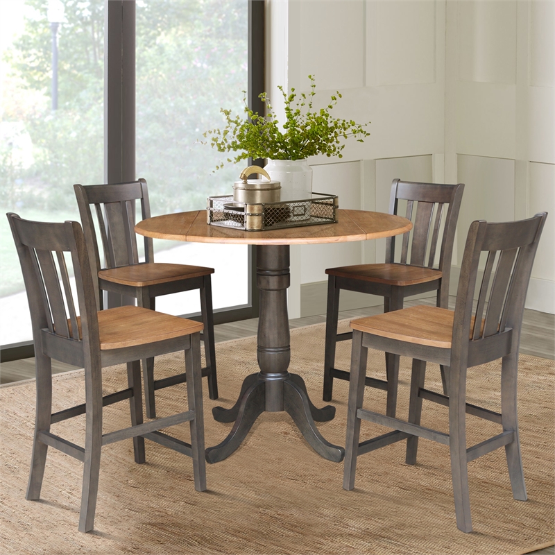 42 in Round Drop Leaf Counter Height Table with 4 Stools in Hickory/Washed Coal