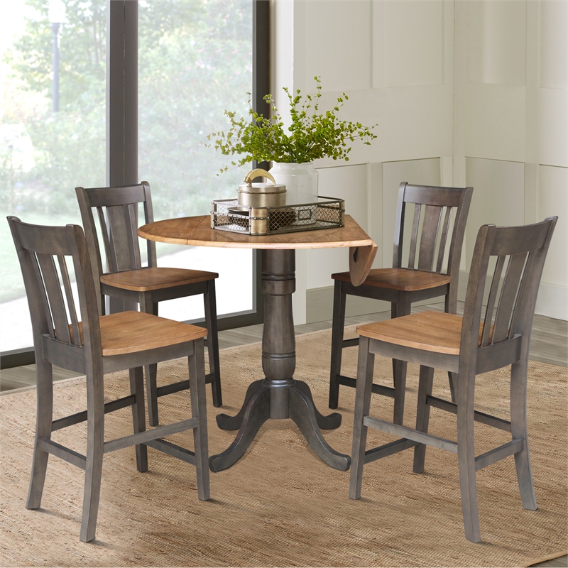 42 in Round Drop Leaf Counter Height Table with 4 Stools in Hickory/Washed Coal
