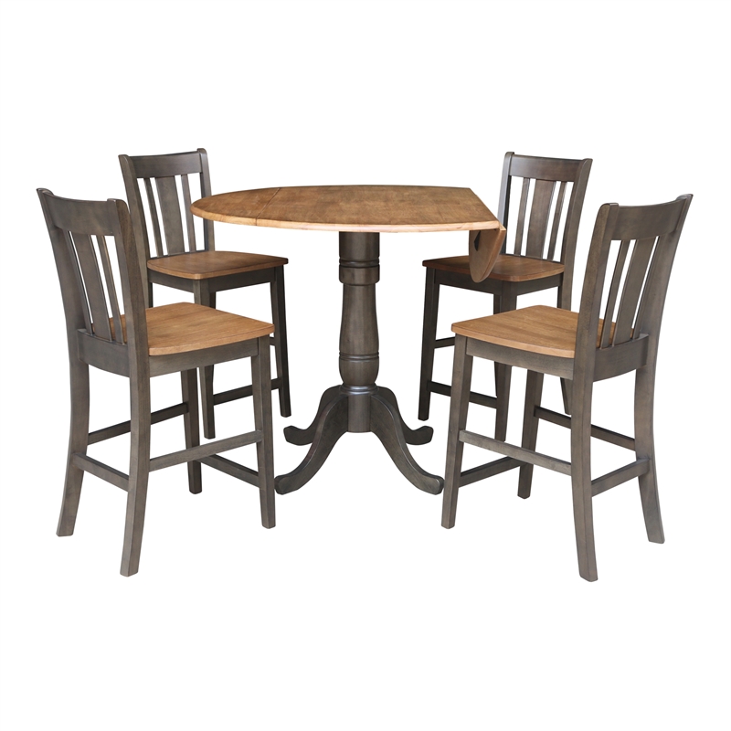 42 in Round Drop Leaf Counter Height Table with 4 Stools in Hickory/Washed Coal