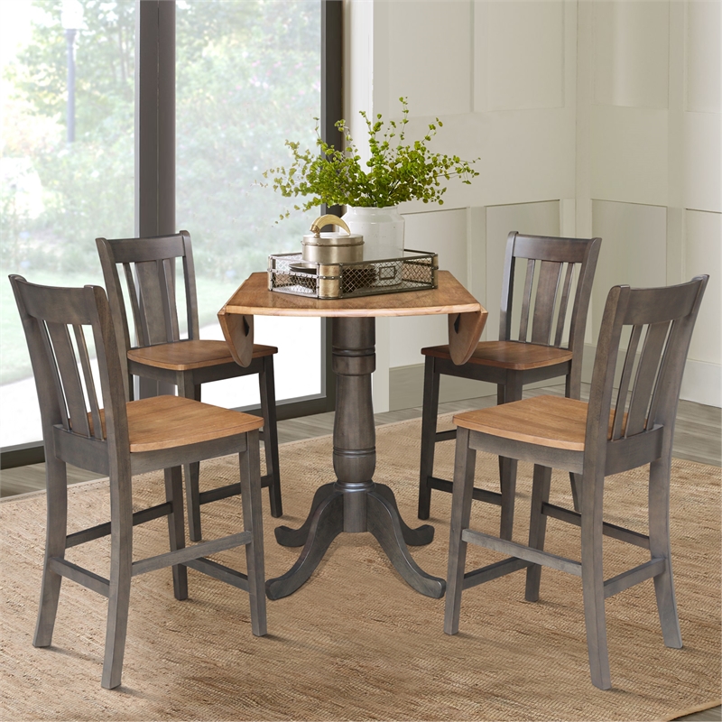 42 in Round Drop Leaf Counter Height Table with 4 Stools in Hickory/Washed Coal