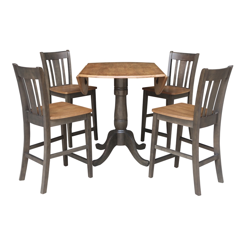42 in Round Drop Leaf Counter Height Table with 4 Stools in Hickory/Washed Coal