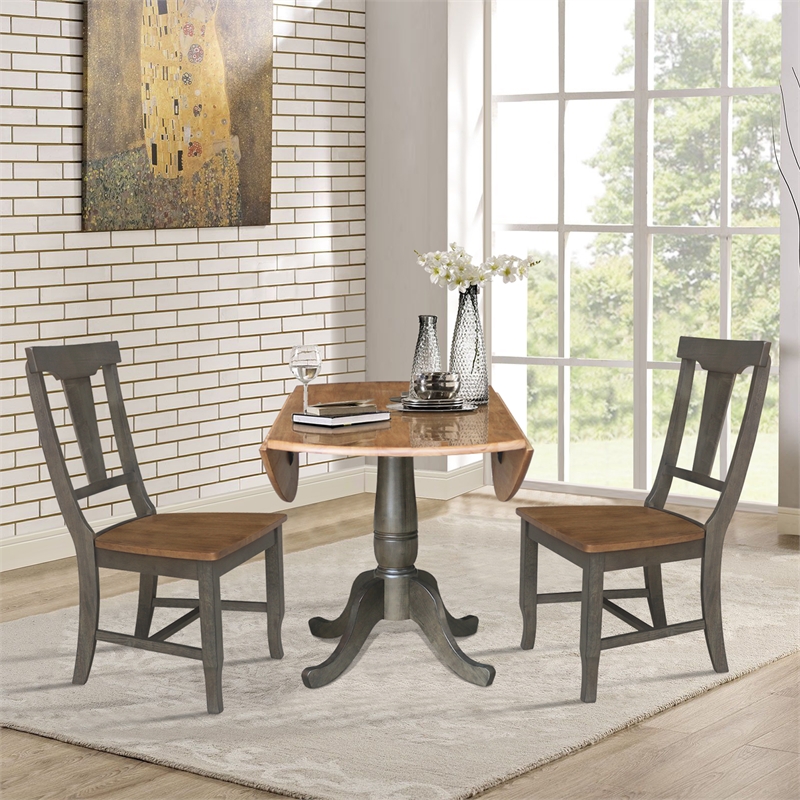 Wood 42 in. Drop Leaf Dining Table with 2 Chairs in Hickory/Washed Coal