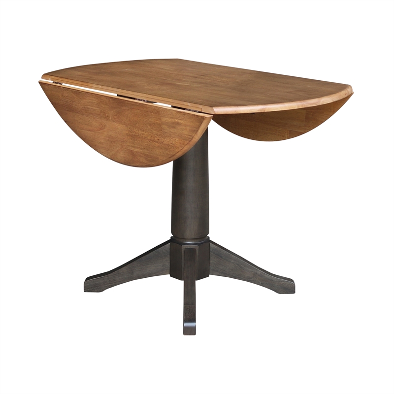 Wood 42 in. Round Top Drop Leaf Pedestal Dining Table in Hickory/Washed Coal