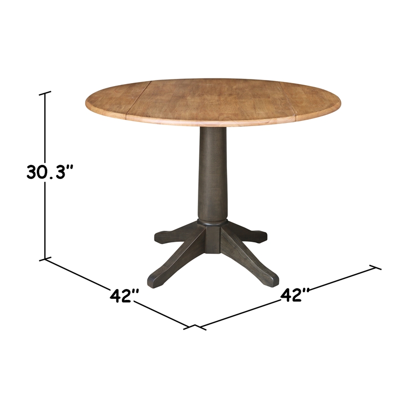 Wood 42 in. Round Top Drop Leaf Pedestal Dining Table in Hickory/Washed Coal