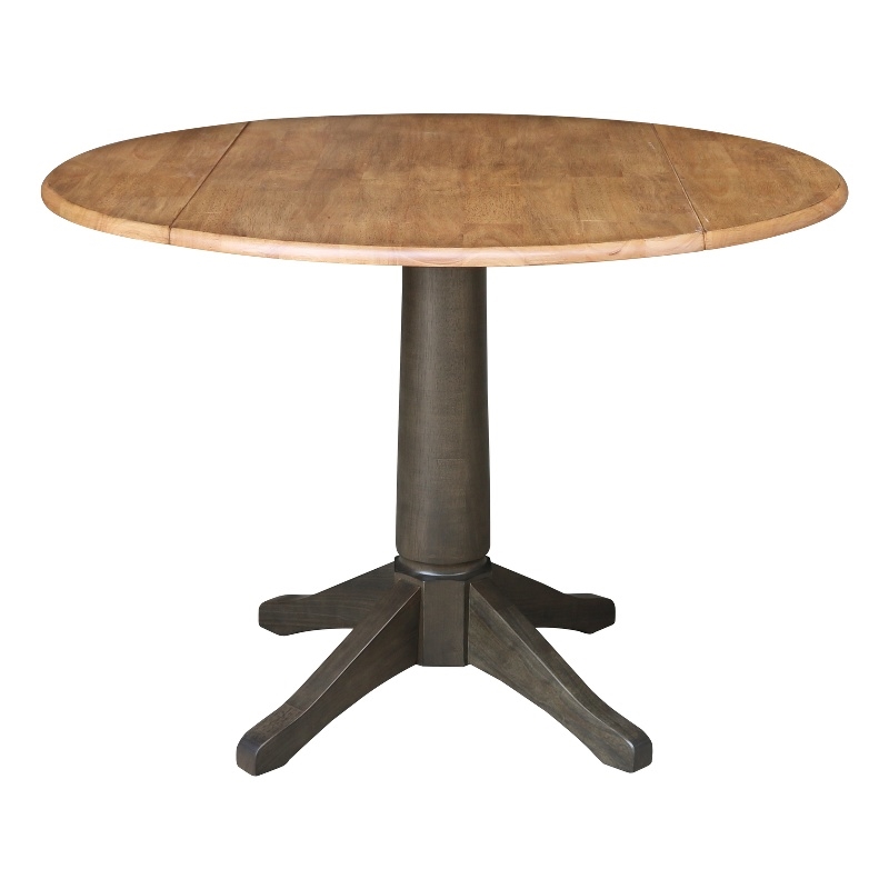 Wood 42 in. Round Top Drop Leaf Pedestal Dining Table in Hickory/Washed Coal