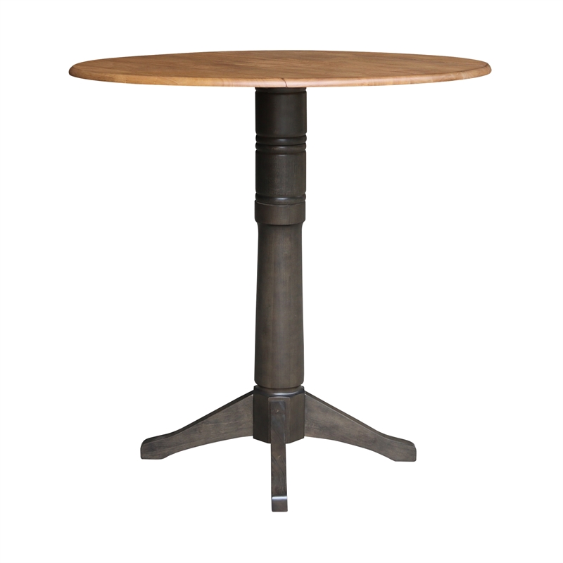 Wood 42 in. Round Drop Leaf Bar Height Dining Table in Hickory/Washed Coal